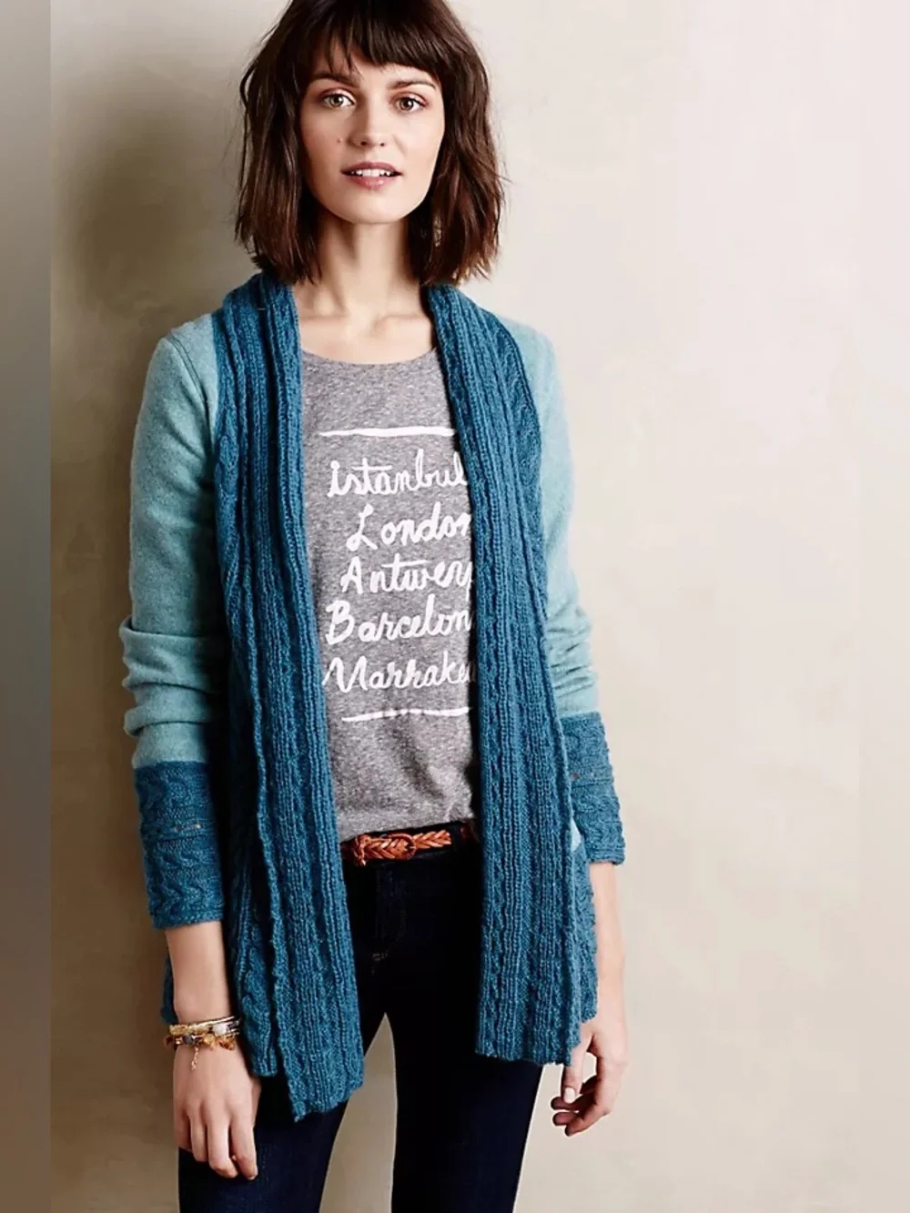 Anthropologie Regan Mix Stitch Knitted Knotted Cardigan Teal + Sea Green Small